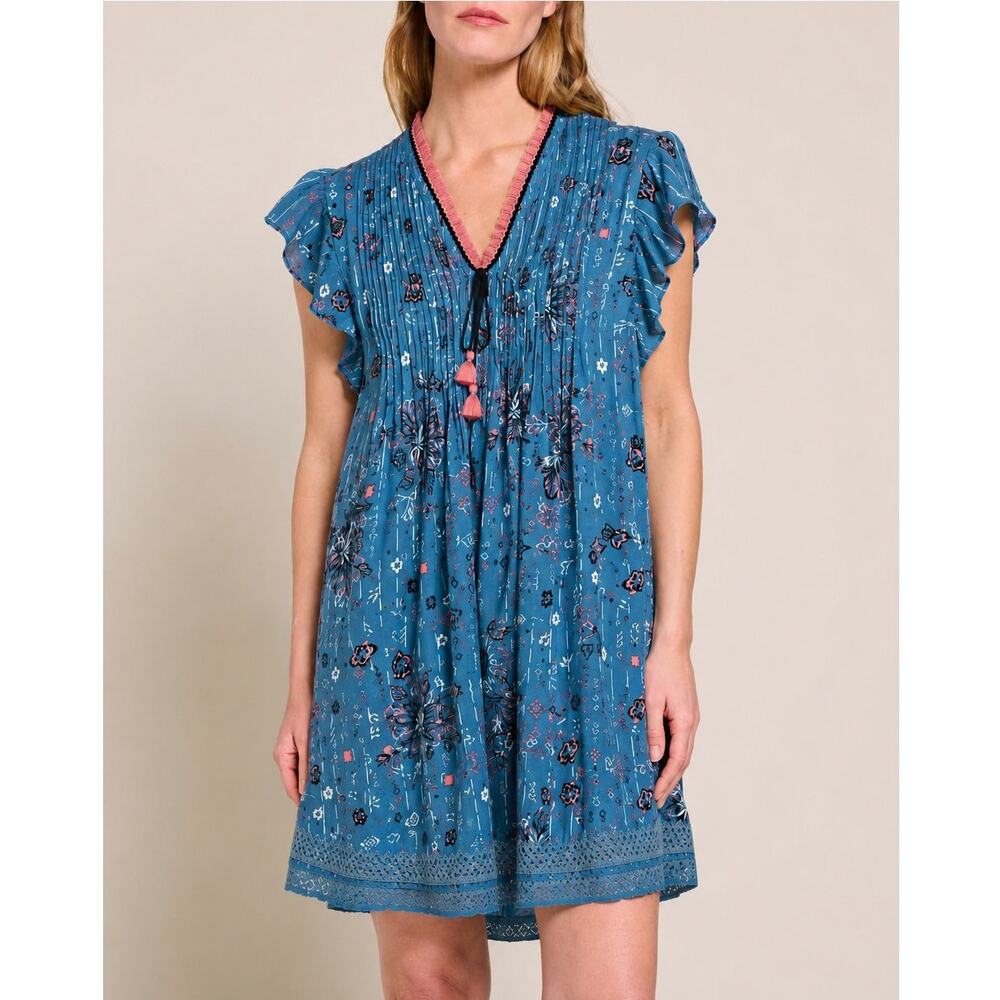 Poupette St. Barth Sasha Fringe Mini Dress Blue Small Boho Coastal